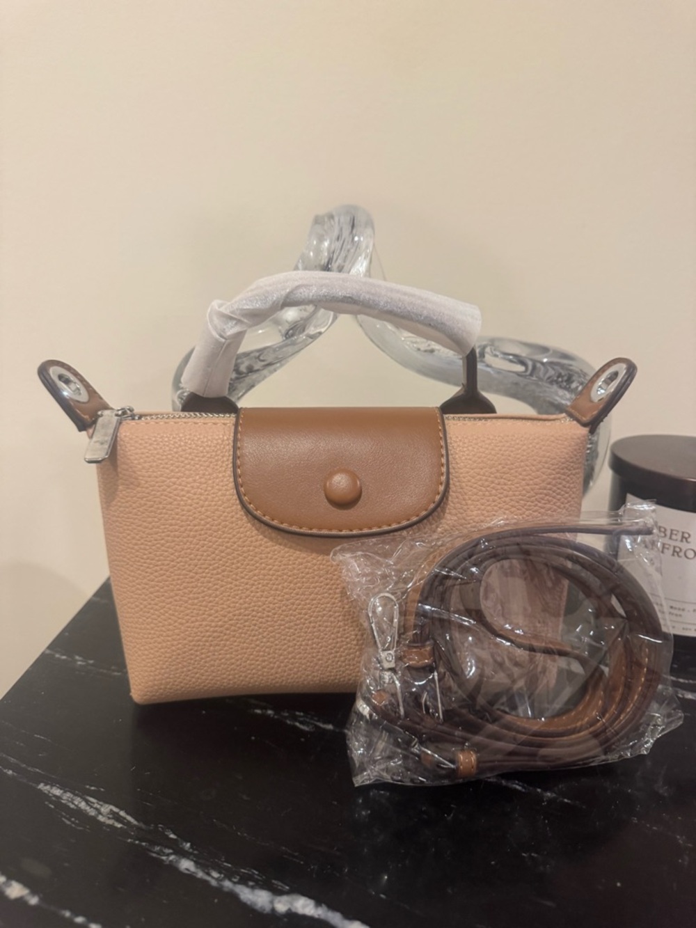 Classic Two-Tone Beige Mini Crossbody Bag with Brown Trim